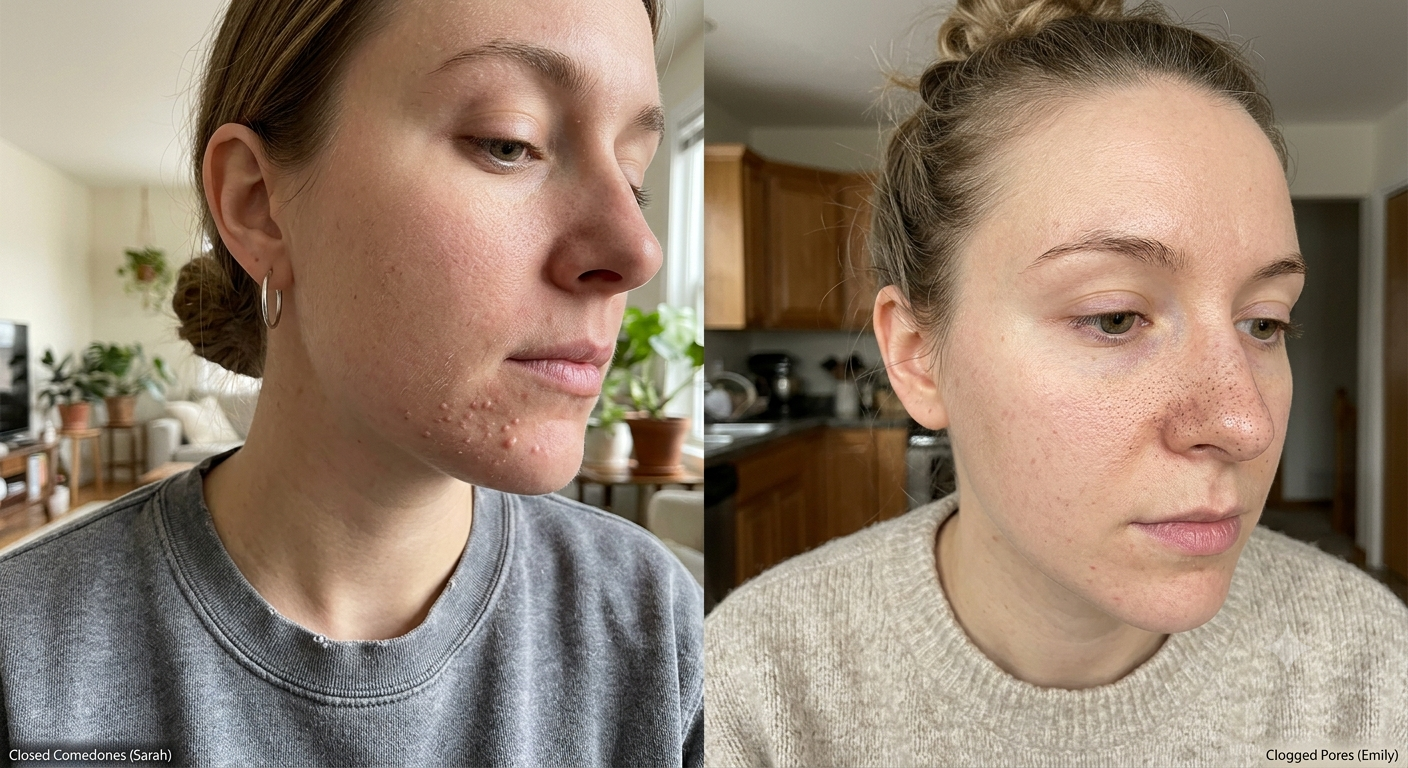 A side-by-side comparison photo of two 25-year-old Caucasian women at home, showing closed comedones on the left jawline and clogged pores on the right nose and cheek.