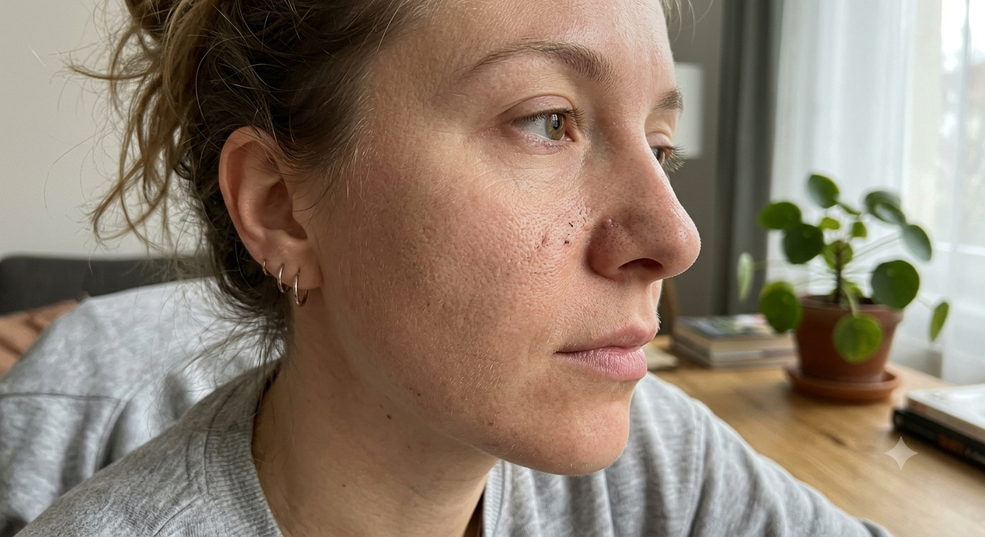A close-up side profile of a 25-year-old Caucasian woman at home, showing clogged pores and blackheads on her nose and cheek in a realistic smartphone photo.