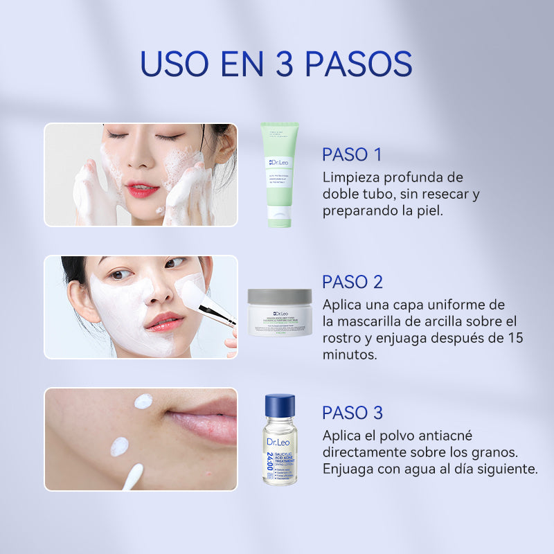 Set antiacné de 3 pasos (Mascarilla de arcilla + Loción secante + Limpiador facial de doble tubo)