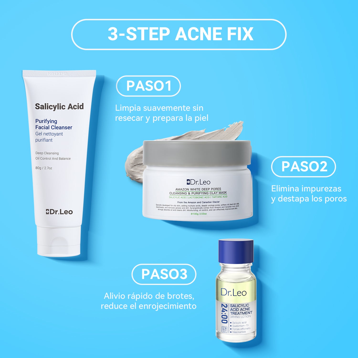 Set antiacné de 3 pasos (Mascarilla de arcilla + Loción secante + Limpiador)