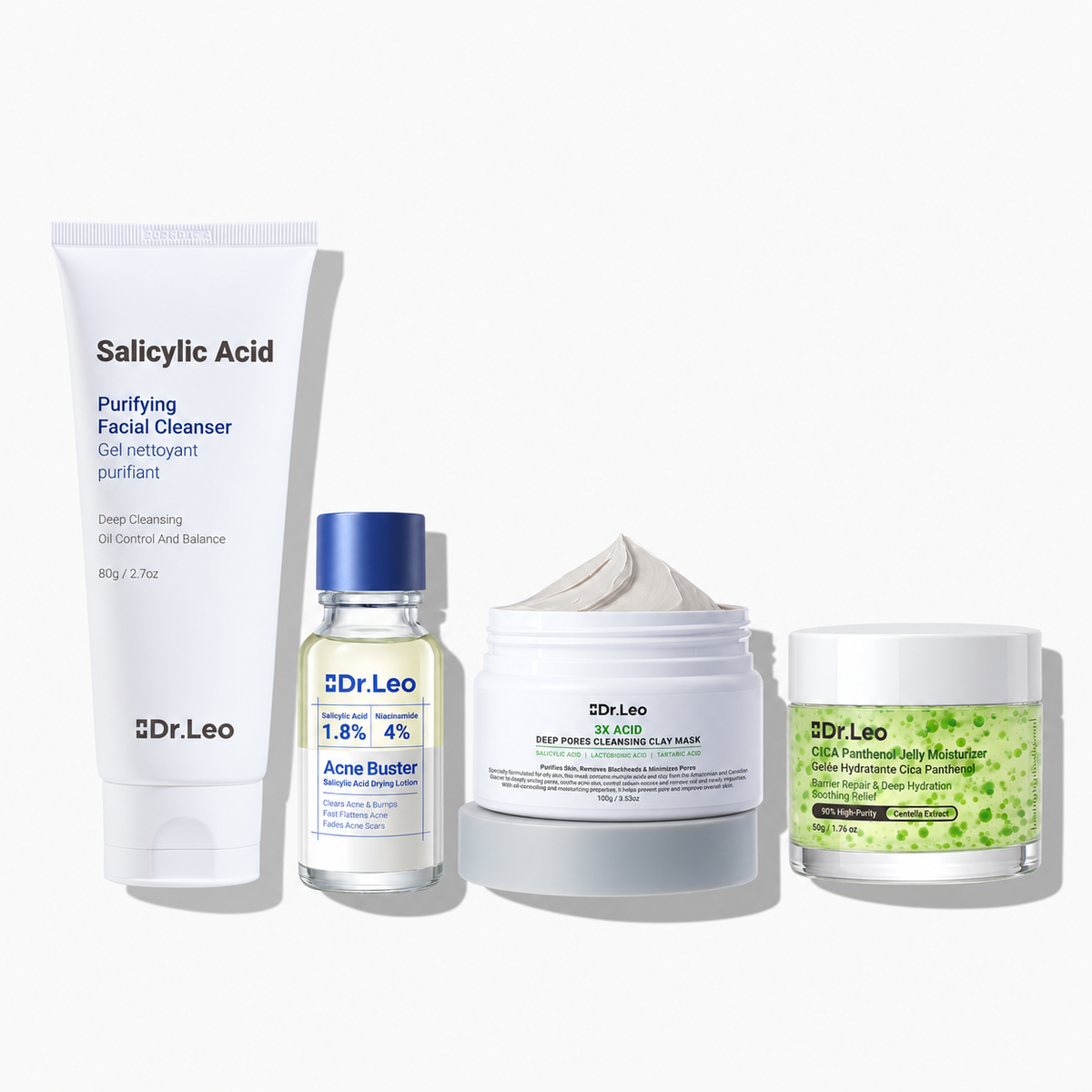Dr.Leo four-piece acne care set with cleanser, drying lotion, clay mask and CICA soothing moisturizer